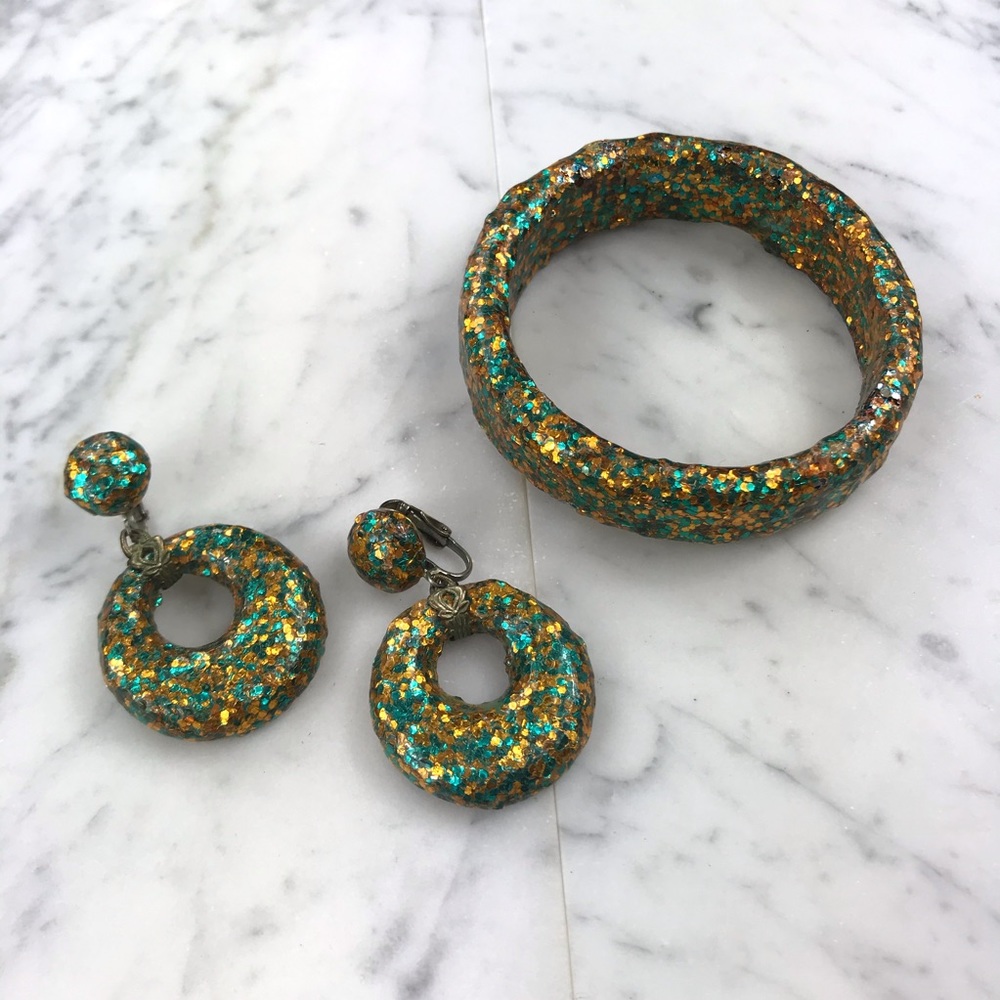Vtg 50s glitter dangle drop earrings & bangle set